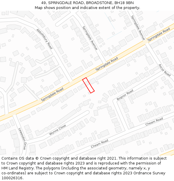 49, SPRINGDALE ROAD, BROADSTONE, BH18 9BN: Location map and indicative extent of plot