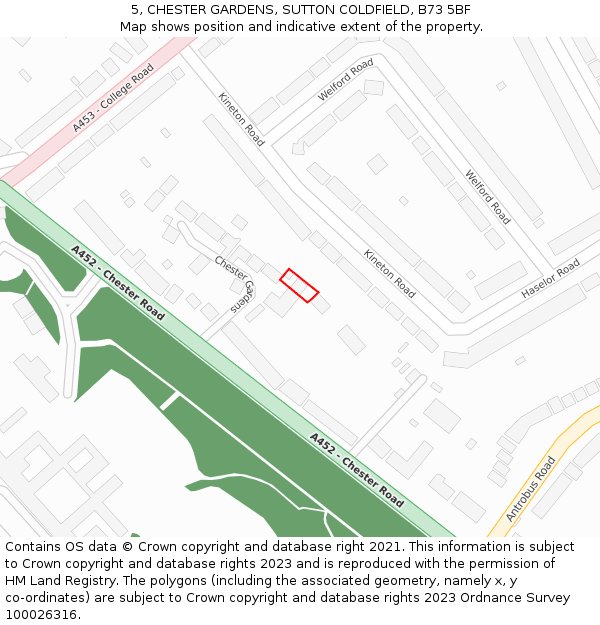 5, CHESTER GARDENS, SUTTON COLDFIELD, B73 5BF: Location map and indicative extent of plot