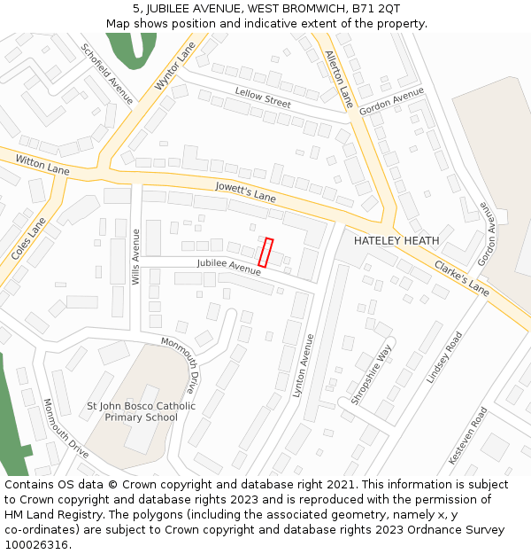 5, JUBILEE AVENUE, WEST BROMWICH, B71 2QT: Location map and indicative extent of plot