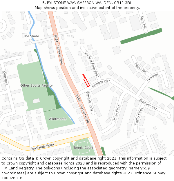 5, RYLSTONE WAY, SAFFRON WALDEN, CB11 3BL: Location map and indicative extent of plot
