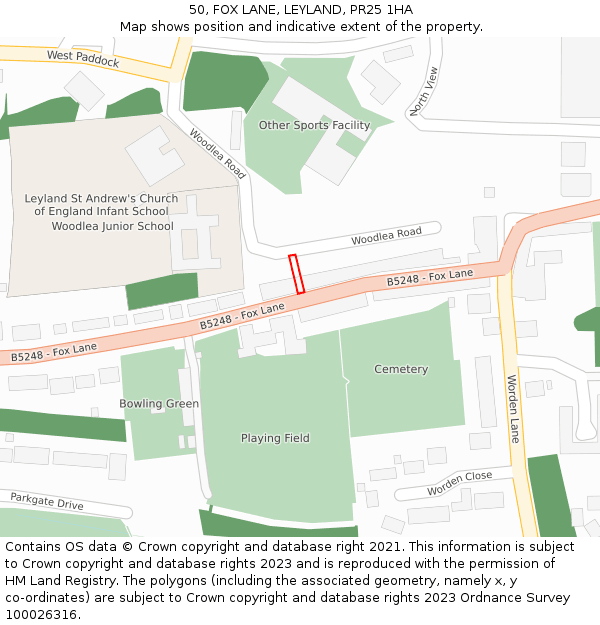 50, FOX LANE, LEYLAND, PR25 1HA: Location map and indicative extent of plot