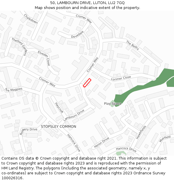 50, LAMBOURN DRIVE, LUTON, LU2 7GQ: Location map and indicative extent of plot