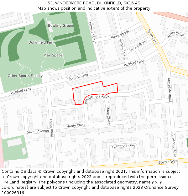 53, WINDERMERE ROAD, DUKINFIELD, SK16 4SJ: Location map and indicative extent of plot