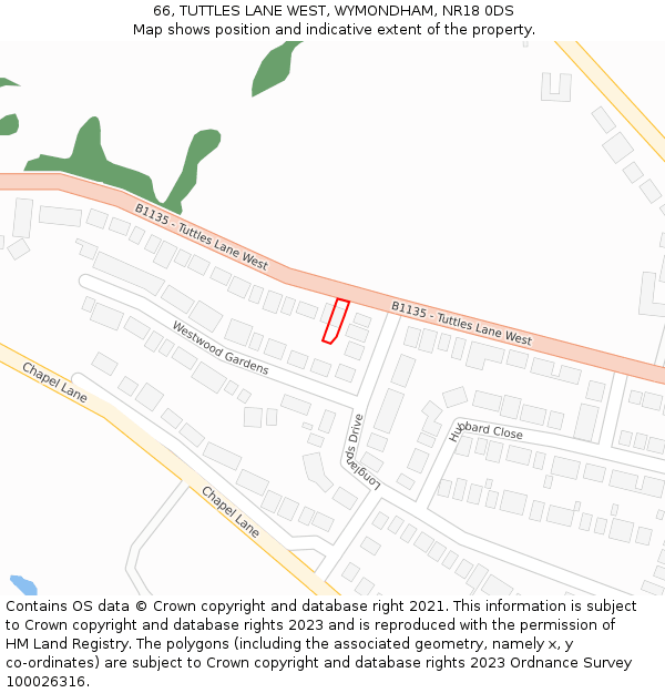 66, TUTTLES LANE WEST, WYMONDHAM, NR18 0DS: Location map and indicative extent of plot