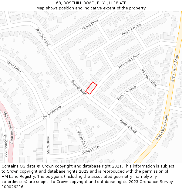 68, ROSEHILL ROAD, RHYL, LL18 4TR: Location map and indicative extent of plot