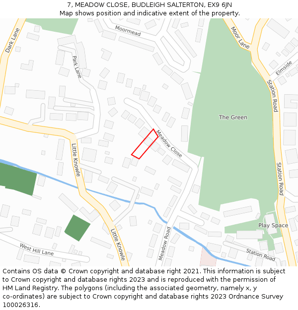 7, MEADOW CLOSE, BUDLEIGH SALTERTON, EX9 6JN: Location map and indicative extent of plot