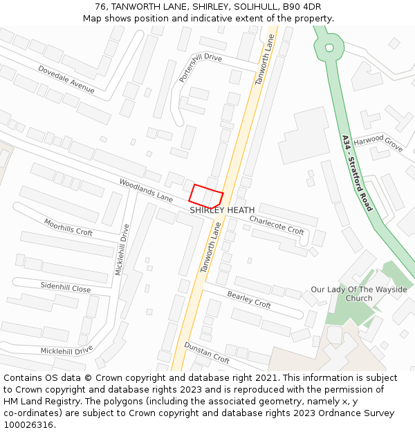 76, TANWORTH LANE, SHIRLEY, SOLIHULL, B90 4DR: Location map and indicative extent of plot