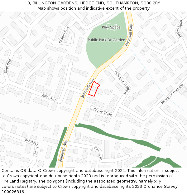 8, BILLINGTON GARDENS, HEDGE END, SOUTHAMPTON, SO30 2RY: Location map and indicative extent of plot