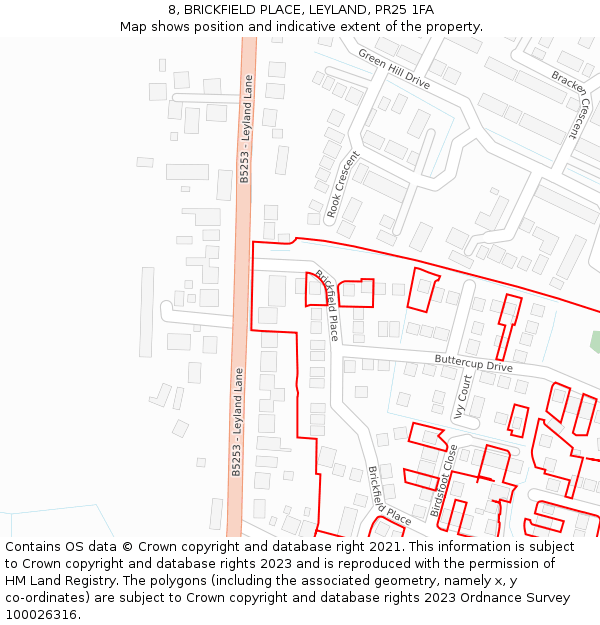 8, BRICKFIELD PLACE, LEYLAND, PR25 1FA: Location map and indicative extent of plot