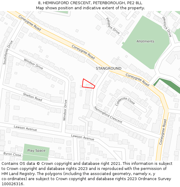8, HEMINGFORD CRESCENT, PETERBOROUGH, PE2 8LL: Location map and indicative extent of plot
