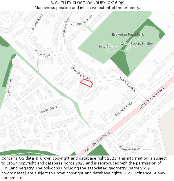 8, SHELLEY CLOSE, BANBURY, OX16 9JY: Location map and indicative extent of plot