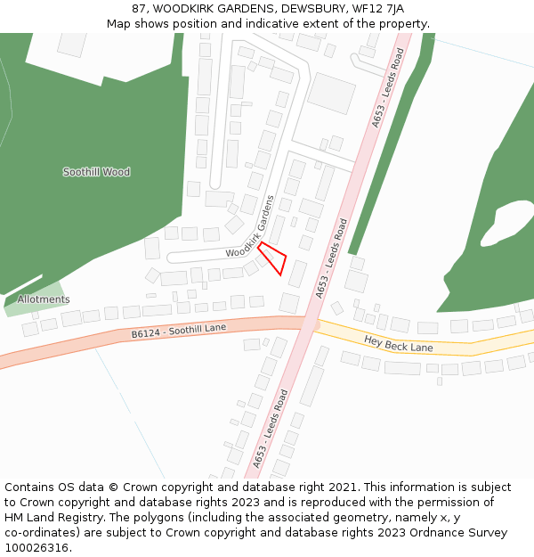 87, WOODKIRK GARDENS, DEWSBURY, WF12 7JA: Location map and indicative extent of plot