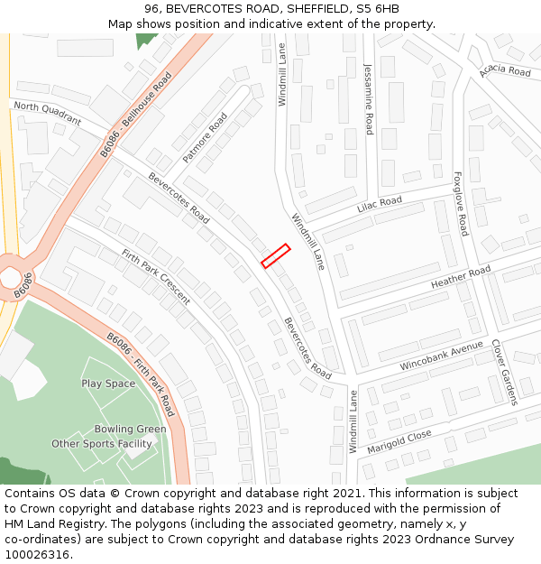 96, BEVERCOTES ROAD, SHEFFIELD, S5 6HB: Location map and indicative extent of plot