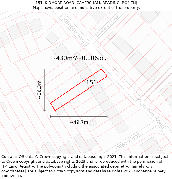 151, KIDMORE ROAD, CAVERSHAM, READING, RG4 7NJ: Plot and title map