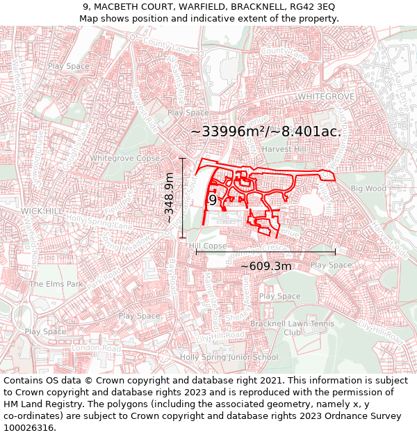 9, MACBETH COURT, WARFIELD, BRACKNELL, RG42 3EQ: Plot and title map