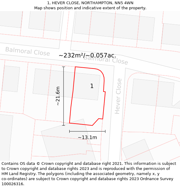 1, HEVER CLOSE, NORTHAMPTON, NN5 4WN: Plot and title map