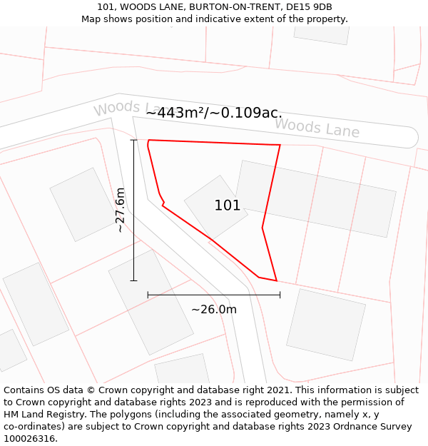 101, WOODS LANE, BURTON-ON-TRENT, DE15 9DB: Plot and title map