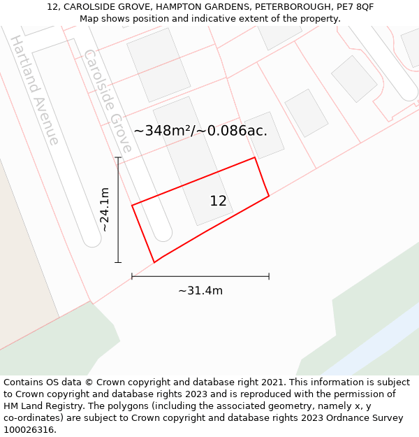12, CAROLSIDE GROVE, HAMPTON GARDENS, PETERBOROUGH, PE7 8QF: Plot and title map