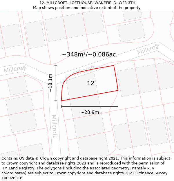 12, MILLCROFT, LOFTHOUSE, WAKEFIELD, WF3 3TH: Plot and title map