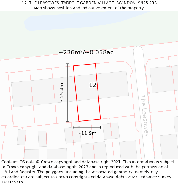12, THE LEASOWES, TADPOLE GARDEN VILLAGE, SWINDON, SN25 2RS: Plot and title map