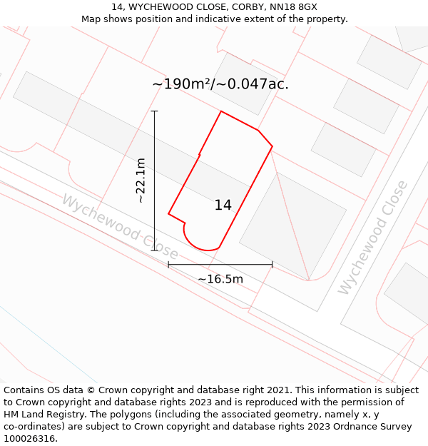 14, WYCHEWOOD CLOSE, CORBY, NN18 8GX: Plot and title map