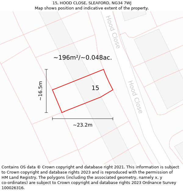 15, HOOD CLOSE, SLEAFORD, NG34 7WJ: Plot and title map
