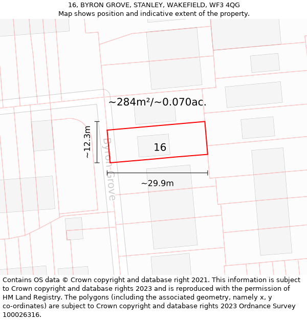 16, BYRON GROVE, STANLEY, WAKEFIELD, WF3 4QG: Plot and title map