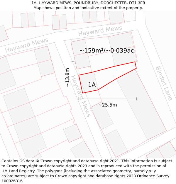 1A, HAYWARD MEWS, POUNDBURY, DORCHESTER, DT1 3ER: Plot and title map