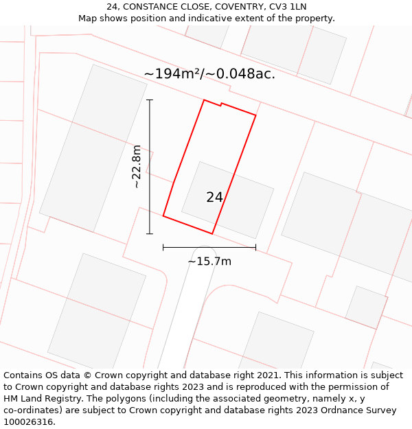 24, CONSTANCE CLOSE, COVENTRY, CV3 1LN: Plot and title map