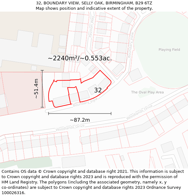 32, BOUNDARY VIEW, SELLY OAK, BIRMINGHAM, B29 6TZ: Plot and title map