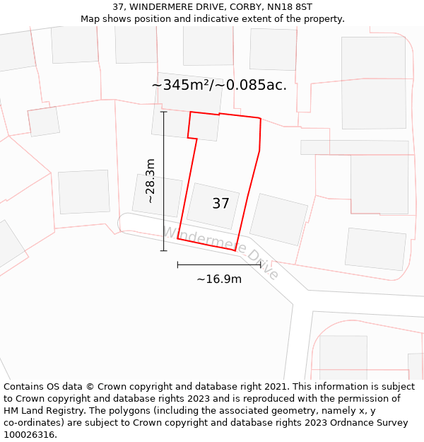 37, WINDERMERE DRIVE, CORBY, NN18 8ST: Plot and title map