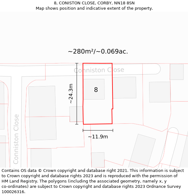 8, CONISTON CLOSE, CORBY, NN18 8SN: Plot and title map