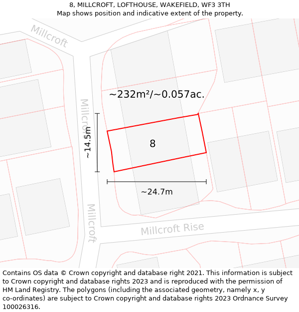 8, MILLCROFT, LOFTHOUSE, WAKEFIELD, WF3 3TH: Plot and title map