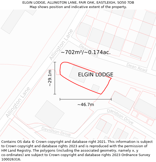 ELGIN LODGE, ALLINGTON LANE, FAIR OAK, EASTLEIGH, SO50 7DB: Plot and title map