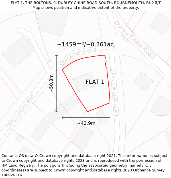 FLAT 1, THE BOLTONS, 9, DURLEY CHINE ROAD SOUTH, BOURNEMOUTH, BH2 5JT: Plot and title map