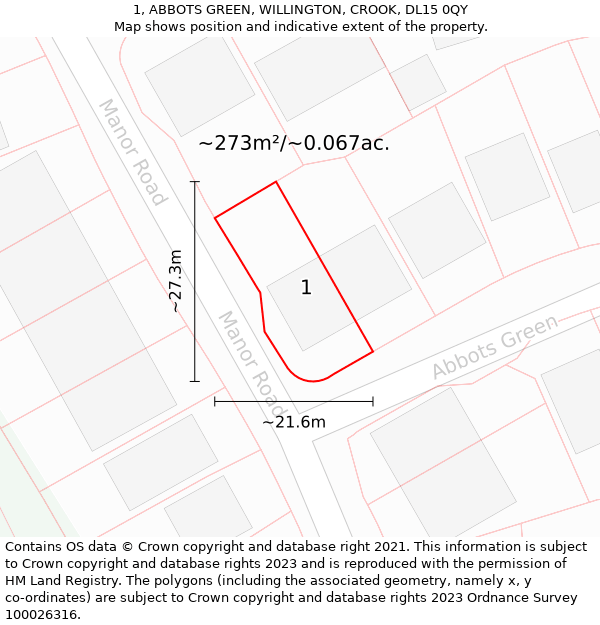 1, ABBOTS GREEN, WILLINGTON, CROOK, DL15 0QY: Plot and title map