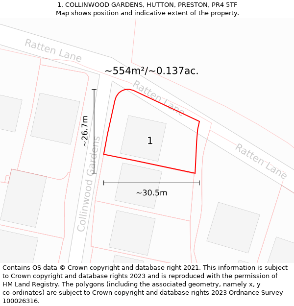 1, COLLINWOOD GARDENS, HUTTON, PRESTON, PR4 5TF: Plot and title map