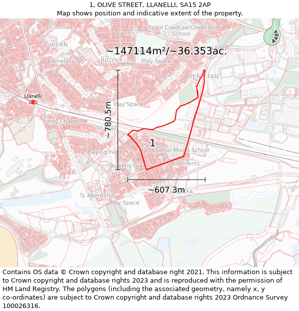 1, OLIVE STREET, LLANELLI, SA15 2AP: Plot and title map