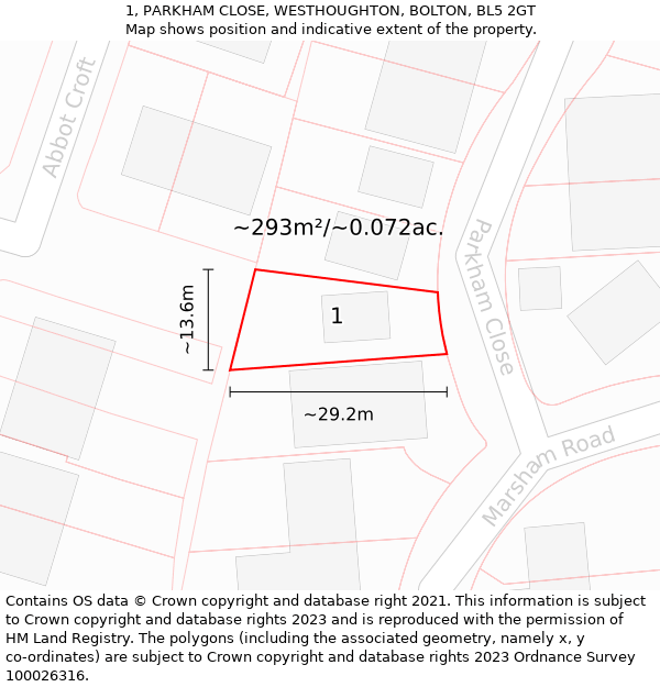 1, PARKHAM CLOSE, WESTHOUGHTON, BOLTON, BL5 2GT: Plot and title map