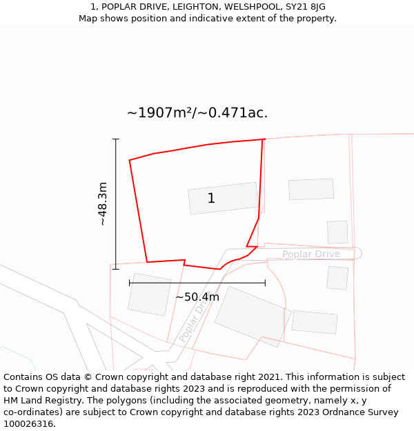 1, POPLAR DRIVE, LEIGHTON, WELSHPOOL, SY21 8JG: Plot and title map