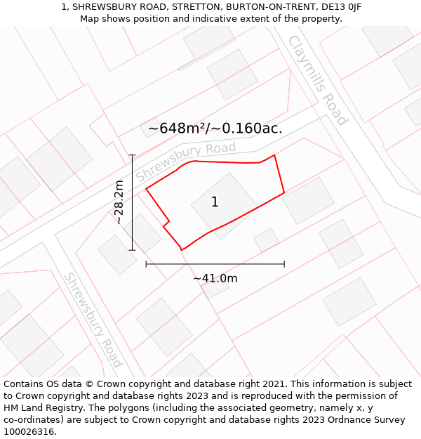 1, SHREWSBURY ROAD, STRETTON, BURTON-ON-TRENT, DE13 0JF: Plot and title map