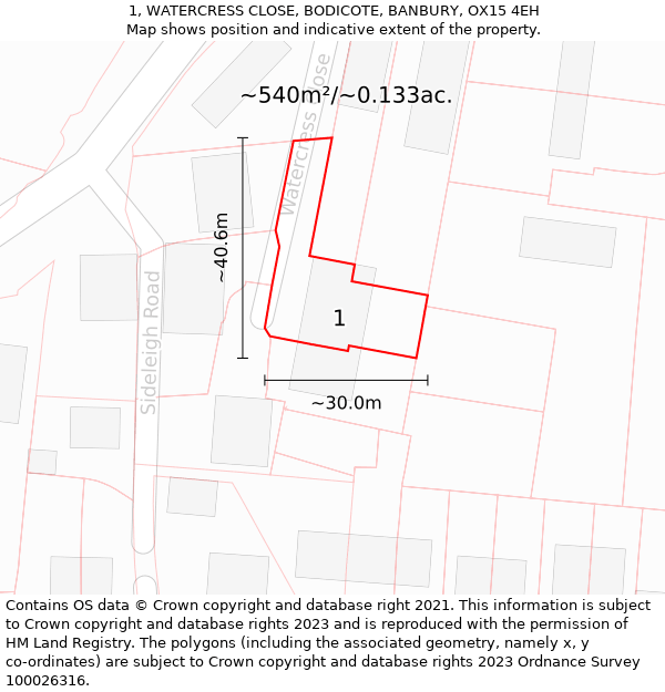 1, WATERCRESS CLOSE, BODICOTE, BANBURY, OX15 4EH: Plot and title map
