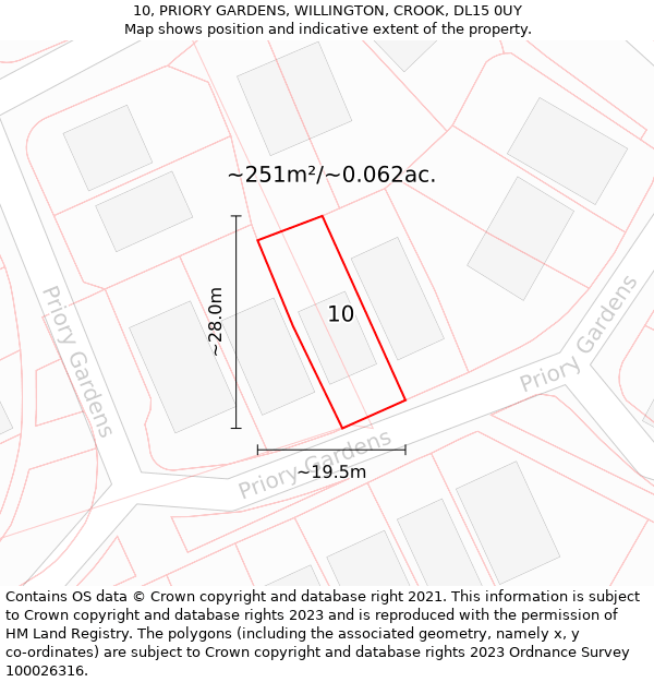 10, PRIORY GARDENS, WILLINGTON, CROOK, DL15 0UY: Plot and title map