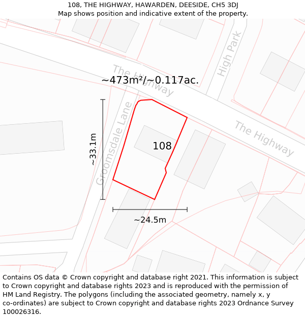 108, THE HIGHWAY, HAWARDEN, DEESIDE, CH5 3DJ: Plot and title map