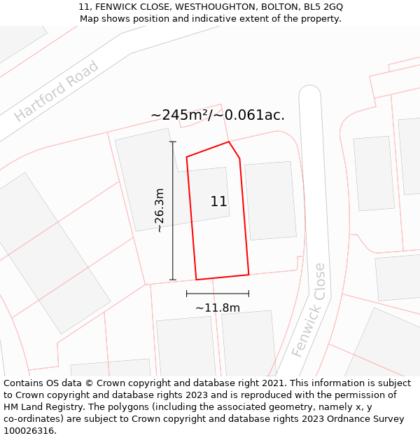 11, FENWICK CLOSE, WESTHOUGHTON, BOLTON, BL5 2GQ: Plot and title map