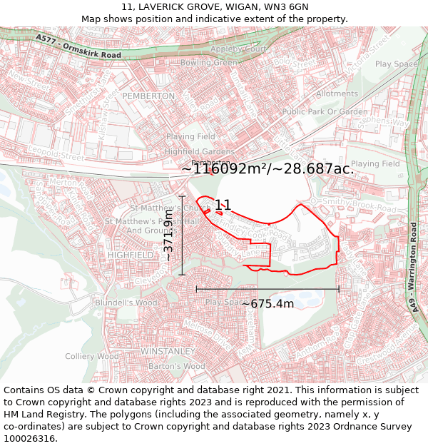 11, LAVERICK GROVE, WIGAN, WN3 6GN: Plot and title map