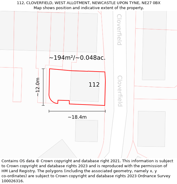 112, CLOVERFIELD, WEST ALLOTMENT, NEWCASTLE UPON TYNE, NE27 0BX: Plot and title map