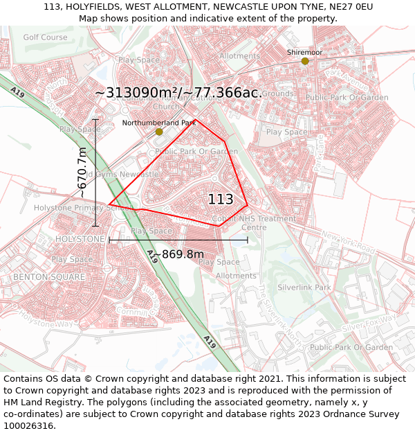 113, HOLYFIELDS, WEST ALLOTMENT, NEWCASTLE UPON TYNE, NE27 0EU: Plot and title map