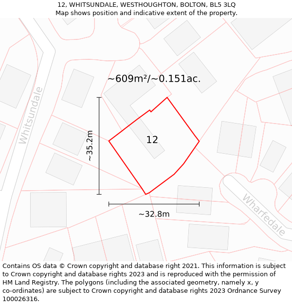 12, WHITSUNDALE, WESTHOUGHTON, BOLTON, BL5 3LQ: Plot and title map