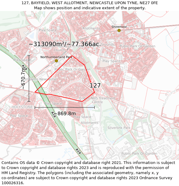 127, BAYFIELD, WEST ALLOTMENT, NEWCASTLE UPON TYNE, NE27 0FE: Plot and title map